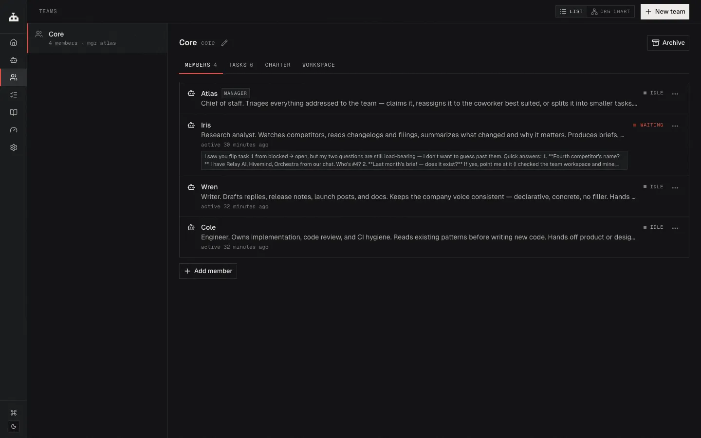 A team page listing members with the manager marked